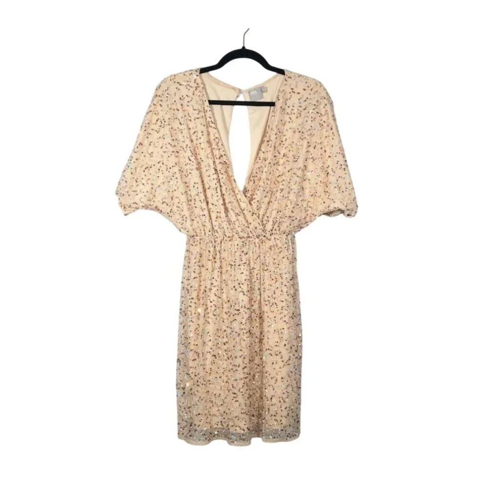 ASOS Beige Sequin Wrap Mini Dress With Flared Sleeves V-Neck Size 6 Polyester Bl - Picture 8 of 8